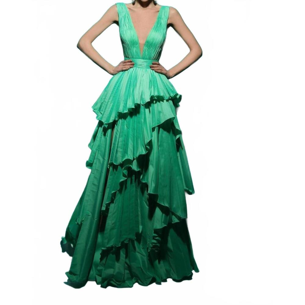 NEW TARIK EDIZ women's sleeveless illusion neck gown in mint
